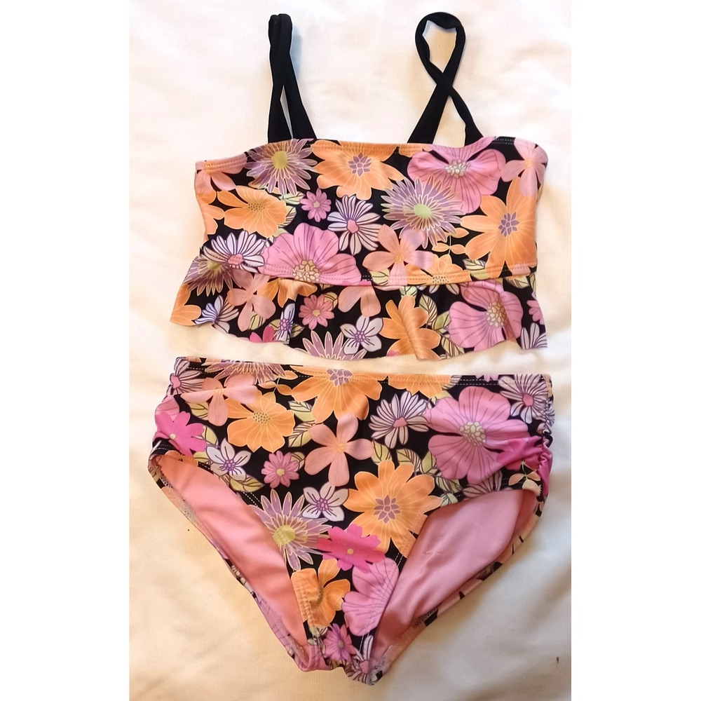 Wonder Nation Floral Tankini Swimsuit Girl Sz M 7-8 Pink Orange Ruffle Two-Piece